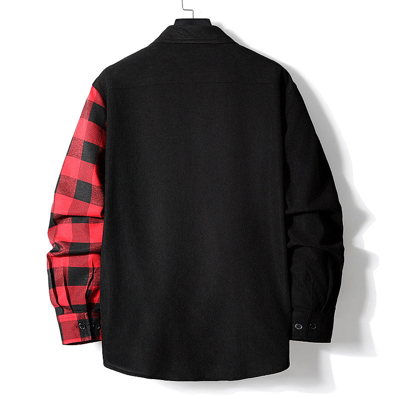Men's Half-Split Overshirt in Lumberjack Check with Contrasting Solid Side, Chest Pocket, and Continuous Button Placket Chichicherry