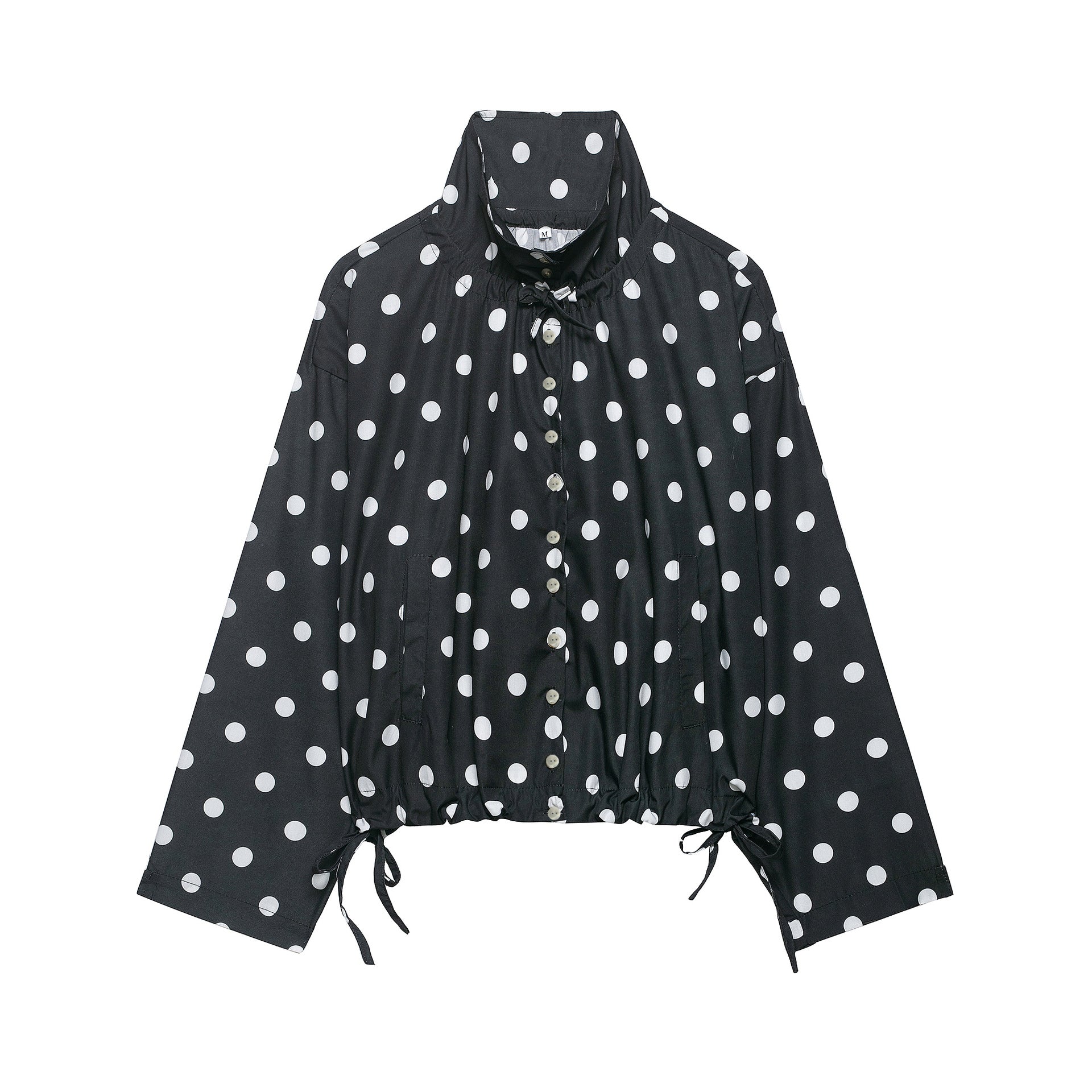 Women's lightweight blouse in polka dot design with stand-up collar, drawstring hem and button placket Chichicherry