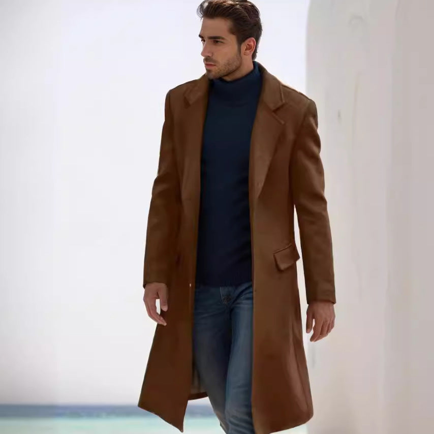 Men's Elegant Long Wool Blend Coat with Slim Silhouette and Classic Lapel Chichicherry
