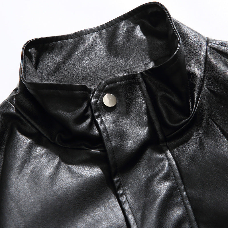 Men's Boxy Faux Leather Blouson Jacket with Stand Collar Snap Placket and Elastic Hem Chichicherry