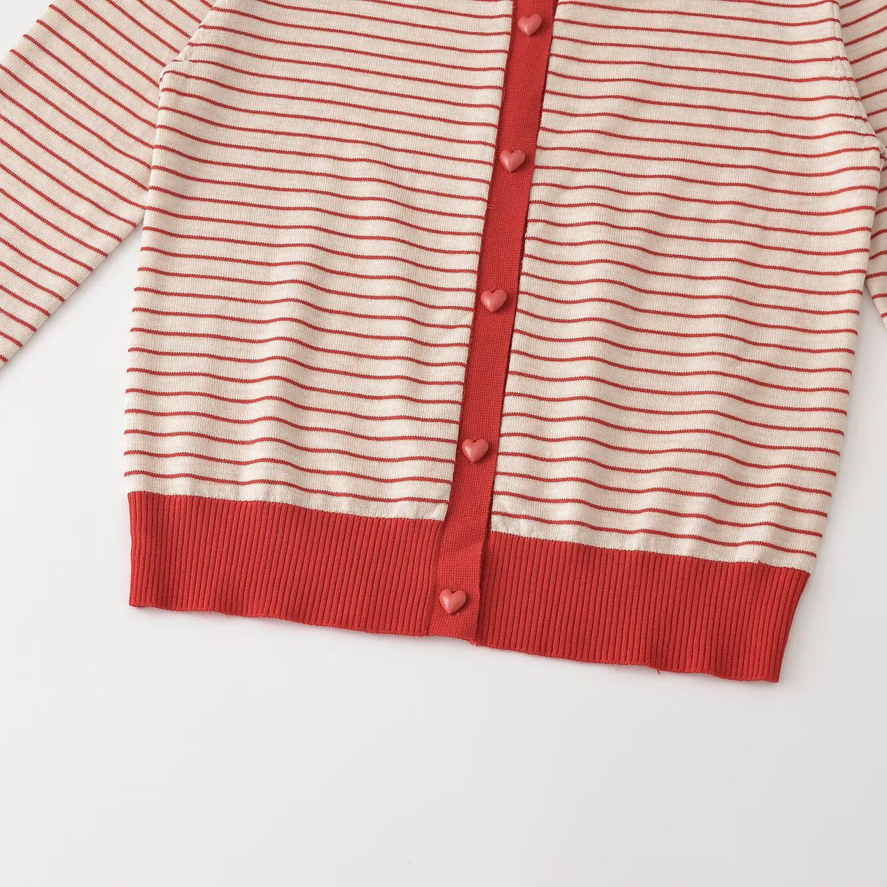 Women Striped Cropped Fine Knit Cardigan with Heart Buttons and Rib Trimmings Chichicherry
