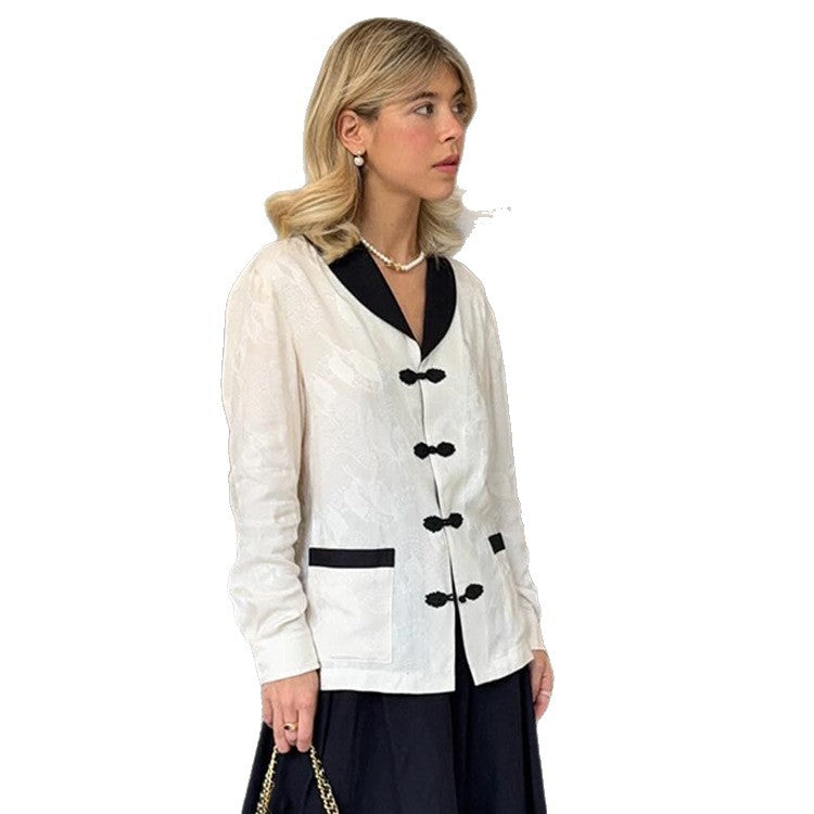 Women's Tailored Jacquard Jacket with Contrast Collar and Knot Closures Chichicherry