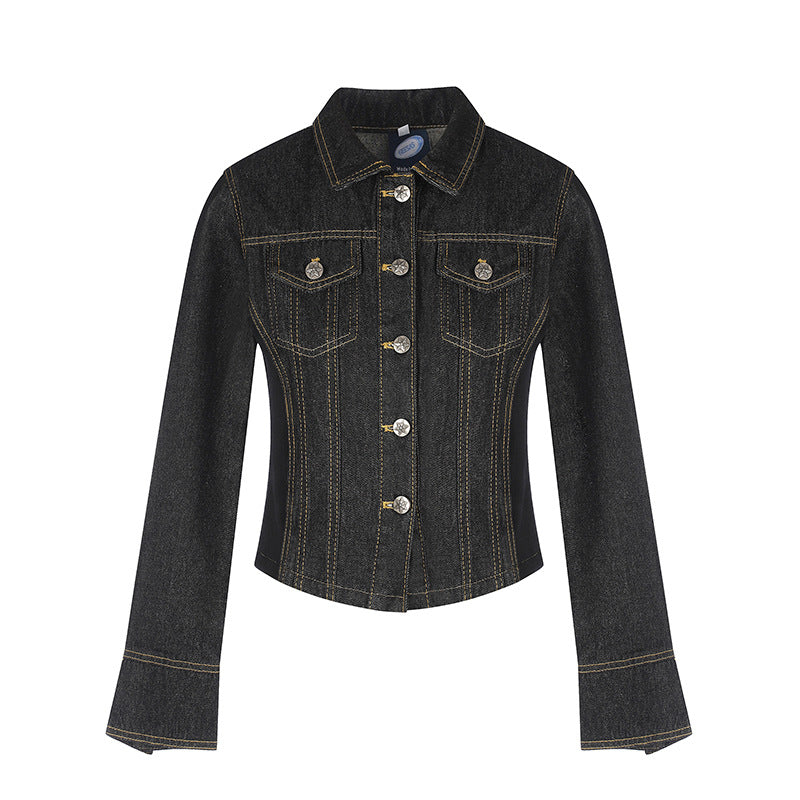 Women's tailored cropped denim jacket with shaping seams, chest patches, and decorative buttons Chichicherry