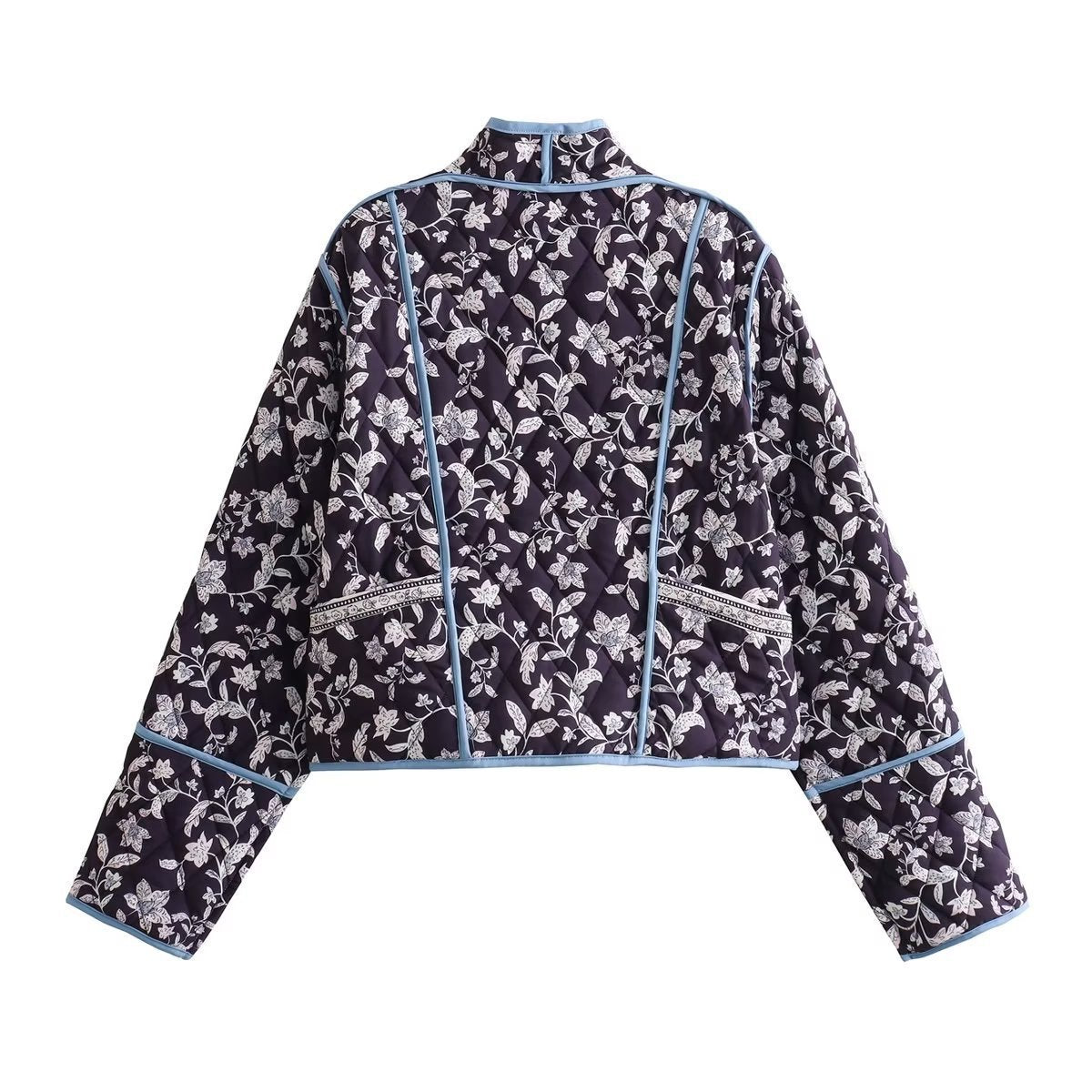 Women Quilted Cropped Puffer Jacket with Floral All-Over Pattern and Contrasting Piping Chichicherry