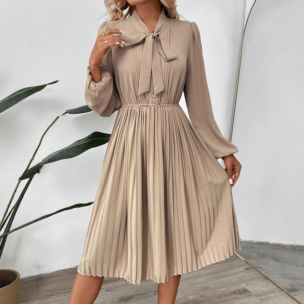 Women Pleated Midi Dress with Tie Collar, Elastic Waistline and Long Balloon Sleeves Chichicherry