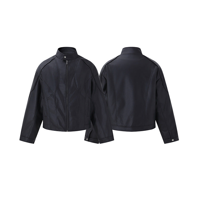 Men's Short Boxy Mock-Leather Jacket with Geometric Seam Design Chichicherry