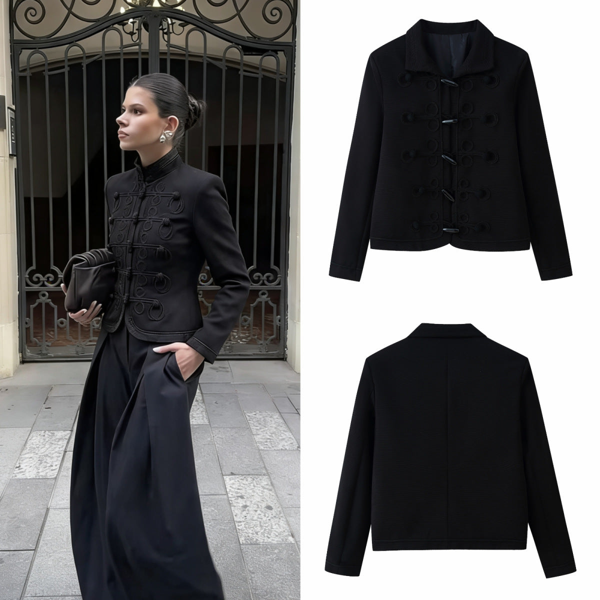 Women's short jacket in a military-inspired style with stand-up collar and decorative cords Chichicherry