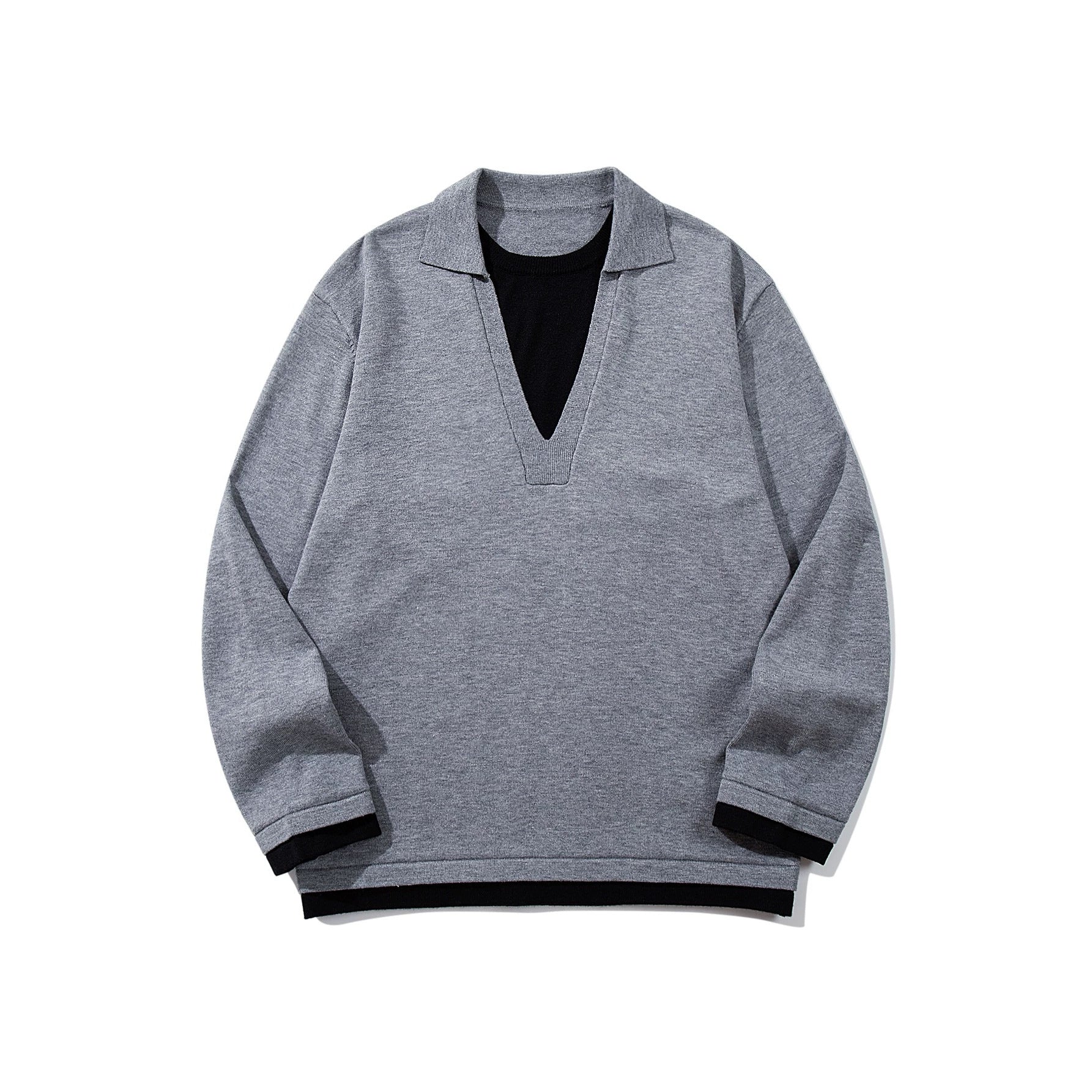 Unisex Casual Oversized Knit Sweater with Deep V Insert and Shirt Layer Look Chichicherry