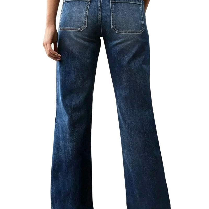 Women High-Waisted Denim Jeans with Wide Flared Legs and Patch Front Pockets Chichicherry