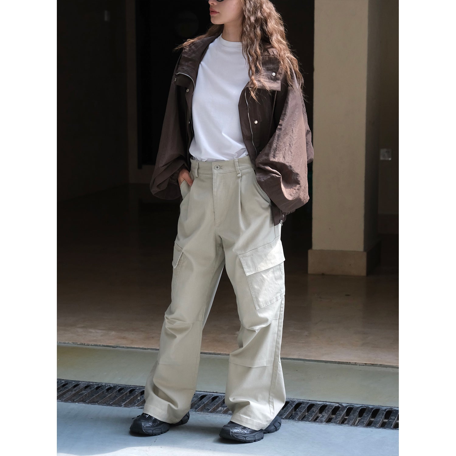 Women's Wide Cargo Palazzo Pants with Pleats and Large Flap Pockets Chichicherry