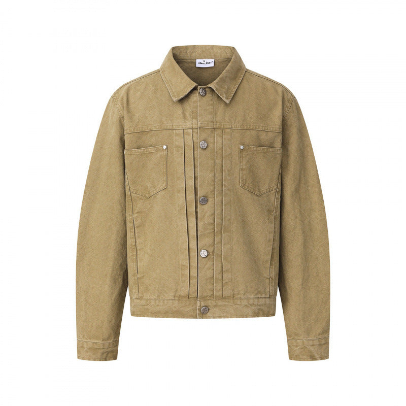 Unisex Boxy Denim Jacket in Worker Look with Metal Button Placket and Chest Pockets Chichicherry
