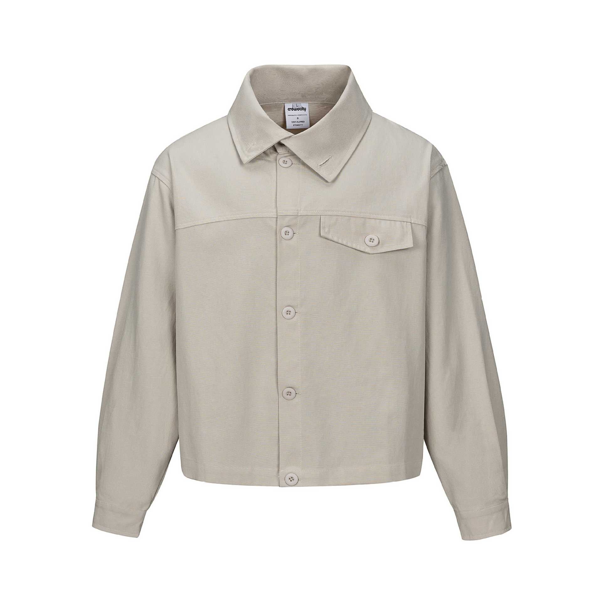 Unisex Short Cut Boxy Shirt Jacket with Continuous Button Placket and Flap Pocket Chichicherry