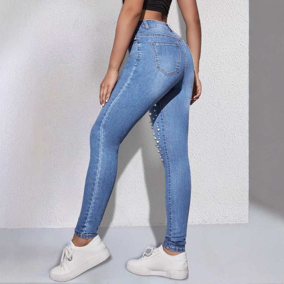 Women High-Rise Sculpting Skinny Jeans with Asymmetric Pearl Pattern Chichicherry