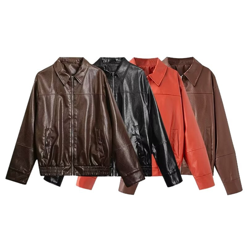 Women Boxy Faux Leather Blouson Jacket with Shirt Collar, Zipper and Elastic Hem Chichicherry