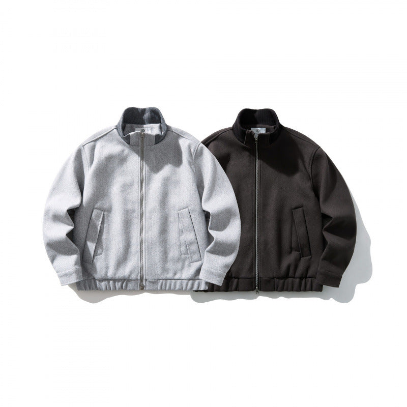 Unisex Boxy-Wool Blend Jacket with Stand-Up Collar and Elastic Hem Chichicherry