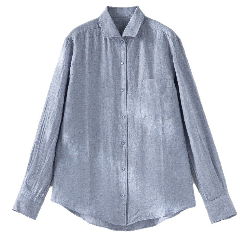 Men's Vintage Washed Linen Shirt with Chest Pocket and Rounded Hem Chichicherry