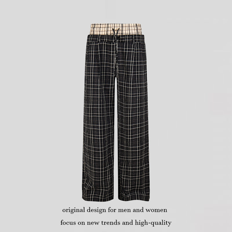 Women's Wide Checked Loungewear Pants with High Comfort Waistband and Drawstring Chichicherry