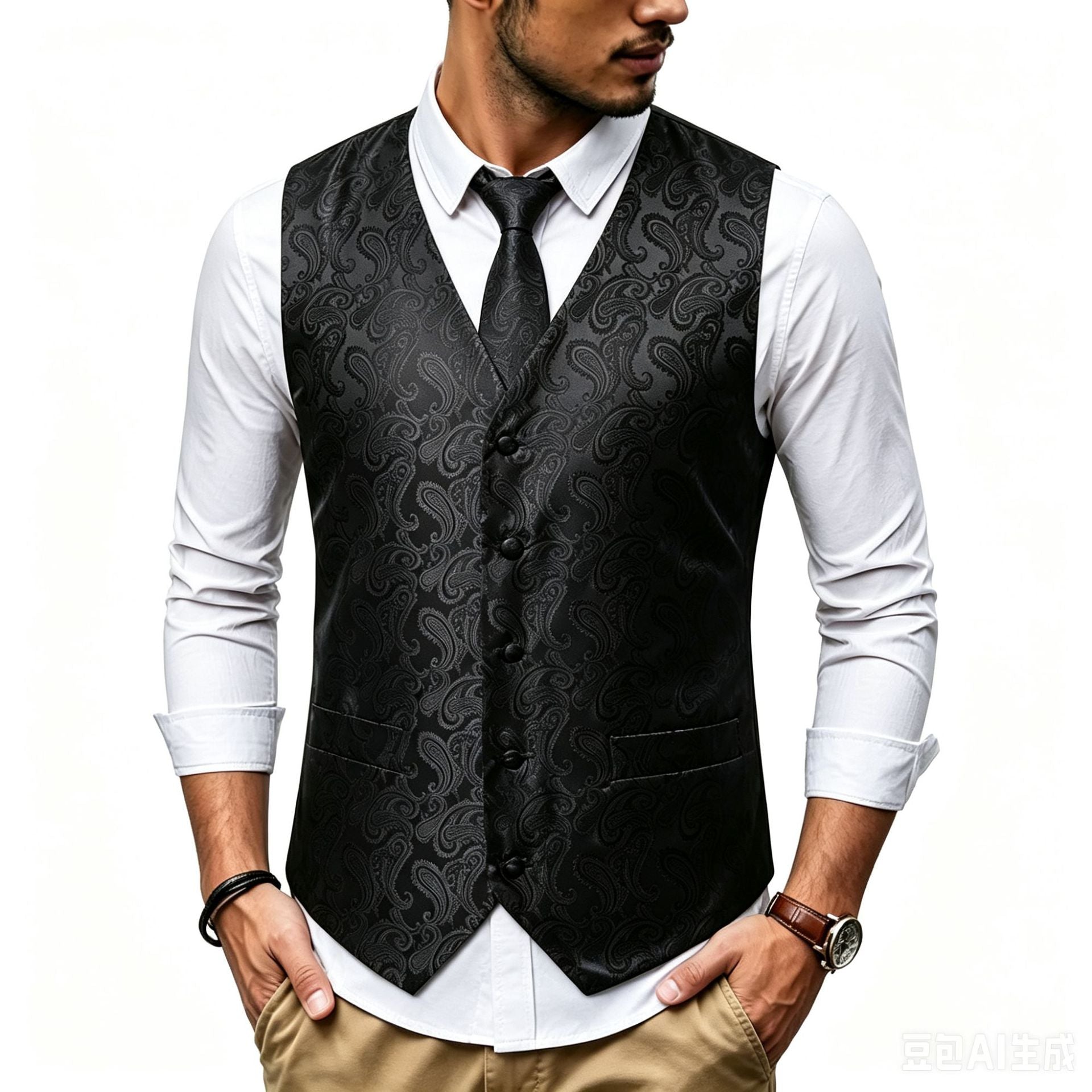 Men's Satin Jacquard Vest with Paisley Pattern and Matching Tie Chichicherry