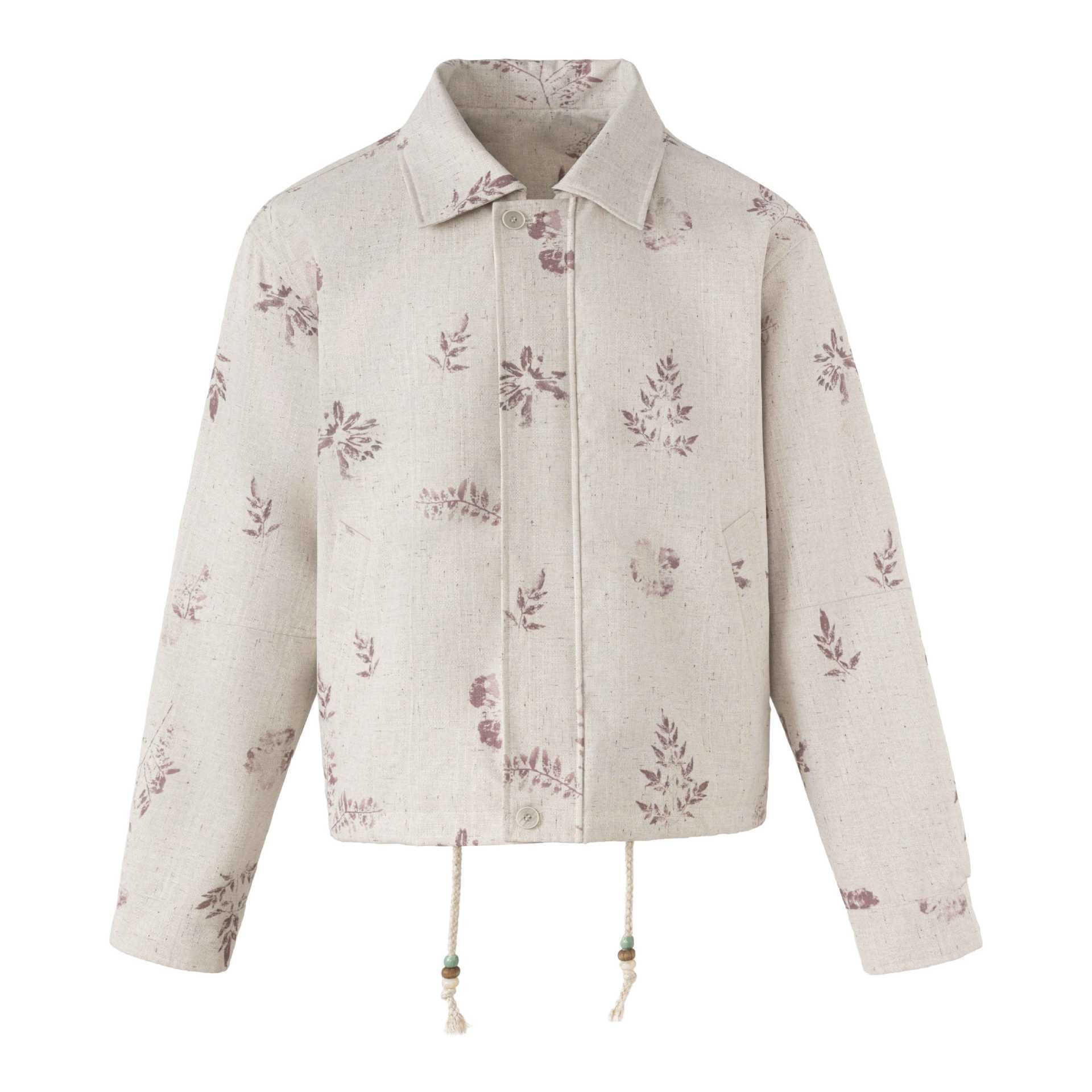 Women's Short Floral Linen Blouson with Drawstring, Concealed Button Placket and Shirt Collar Chichicherry