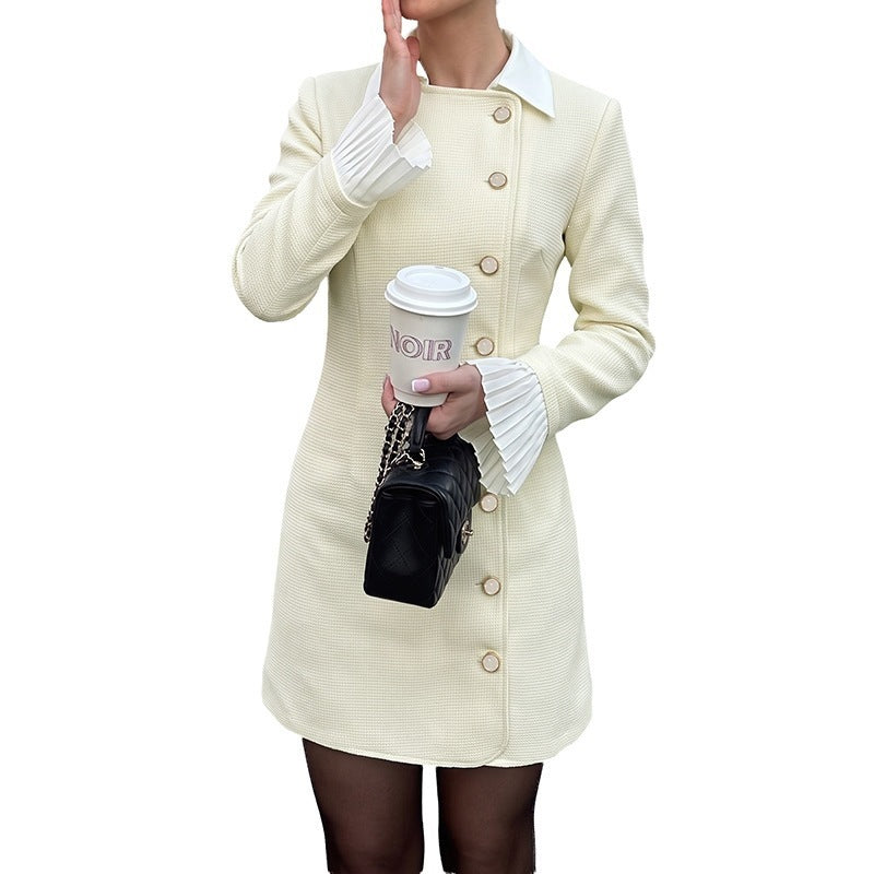 Women's Elegant Short Coat Dress with Asymmetrical Button Placket, Pleated Cuffs & Shirt Collar Chichicherry
