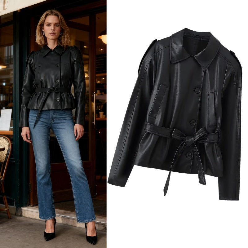 Women's Short Tailored Faux Leather Jacket with Ties and Shirt Collar Chichicherry