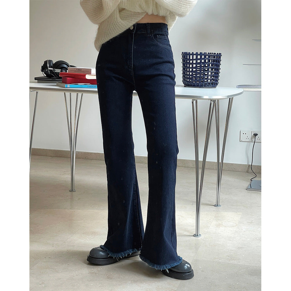 Ladies High-Waist Flared Jeans with Light Bootcut and Frayed Hem Chichicherry