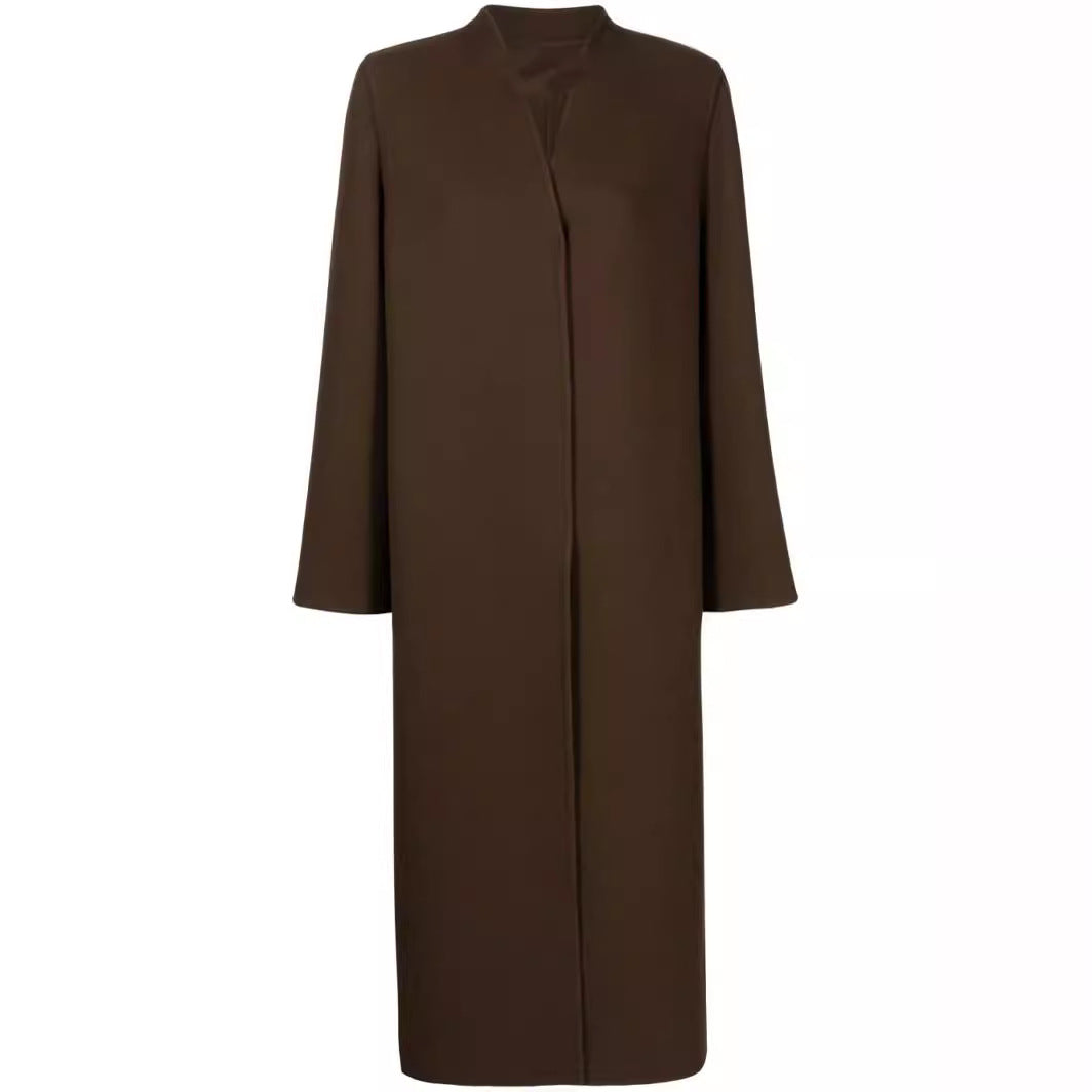Women's Maxi-Length Minimalist Coat with Concealed Front and Boxy Shoulder Chichicherry