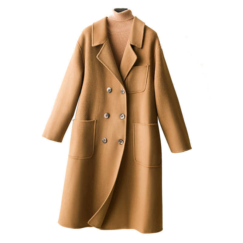 Women Oversized Double-Breasted Wool Blend Coat with Patch Pockets Chichicherry