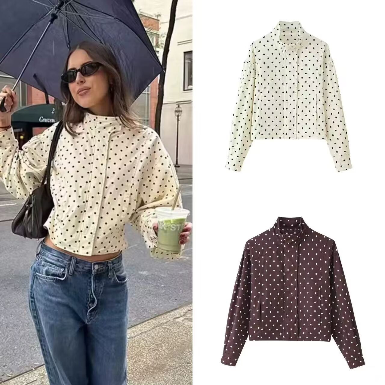 Women Polka Dot Short Jacket with Stand Collar and Concealed Snap Button Placket Chichicherry