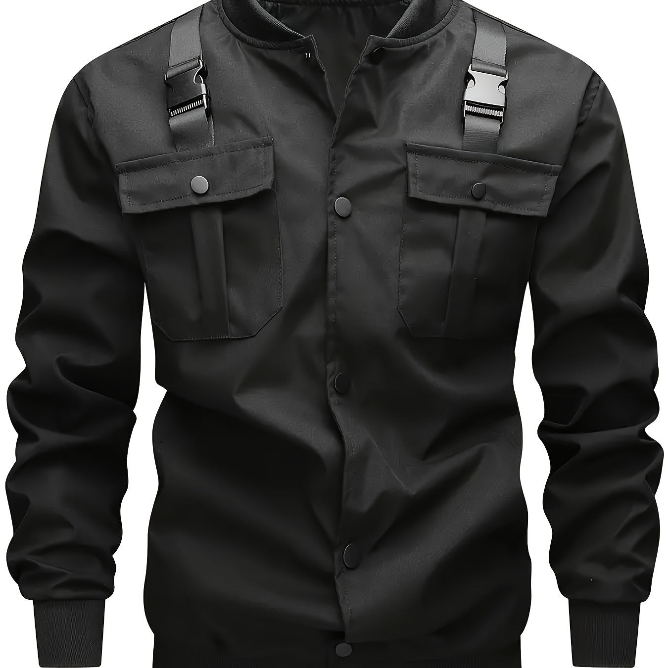 Men's Camouflage Utility-Style Bomber Jacket with Chest Pockets, Shoulder Straps, and Ribbed Cuffs Chichicherry