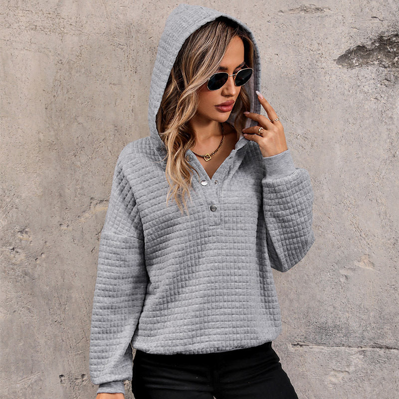 Women's Quilted Waffle Knit Henley Hoodie with Snap Placket Chichicherry