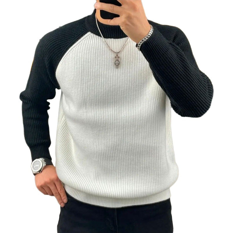 Herren Gerippter Raglan-Pullover mit Kontrastärmeln und kurzem Stehkragen Chichicherry