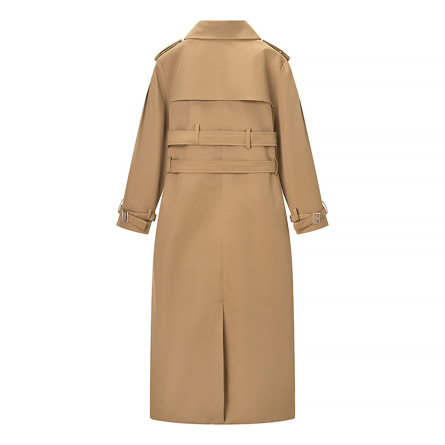 Women's Long Double-Breasted Trench Coat with Tailored Double Belt, Balloon Sleeves and Epaulettes Chichicherry