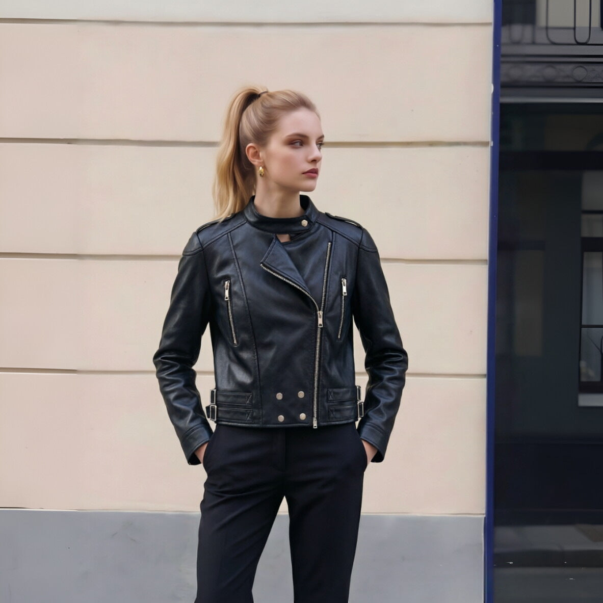 Women Cropped Biker Jacket made of Faux Leather with Stand-up Collar, Decorative Seams and Double Buckles Chichicherry