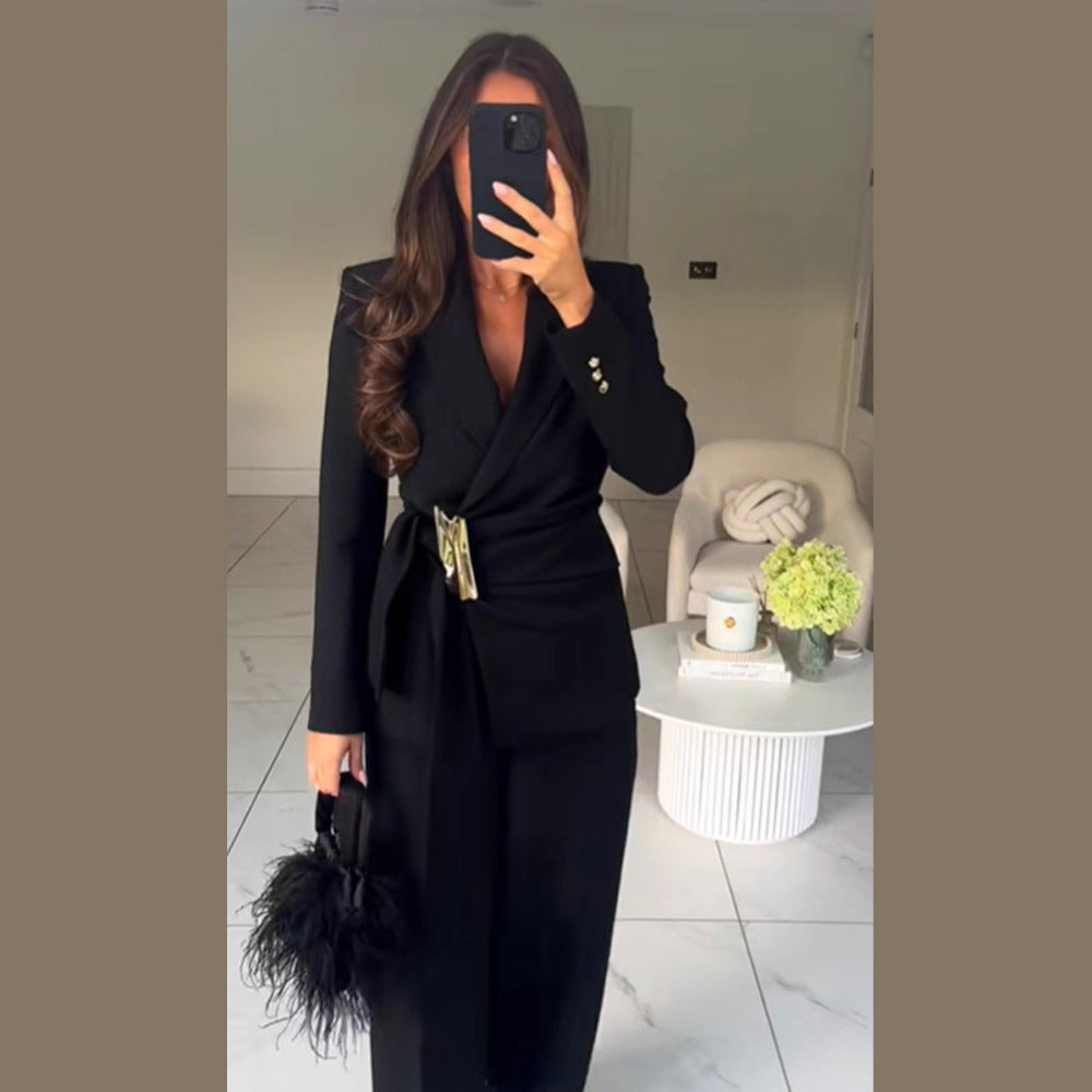 Women's Tailored Wrap Blazer with Decorative Metal Buckle & High-Waist Palazzo Pants Chichicherry