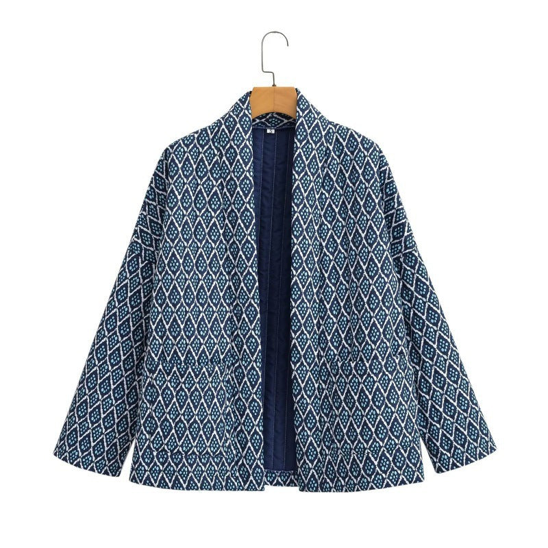Women Patterned Quilted Kimono Jacket with Patch Pockets Chichicherry