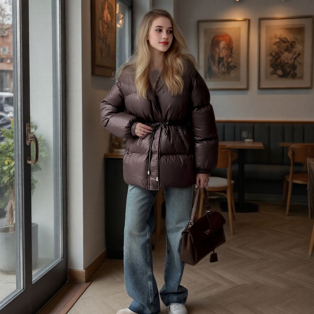Women Tailored Quilted Jacket in Down Look with Drawstring and Hood Chichicherry