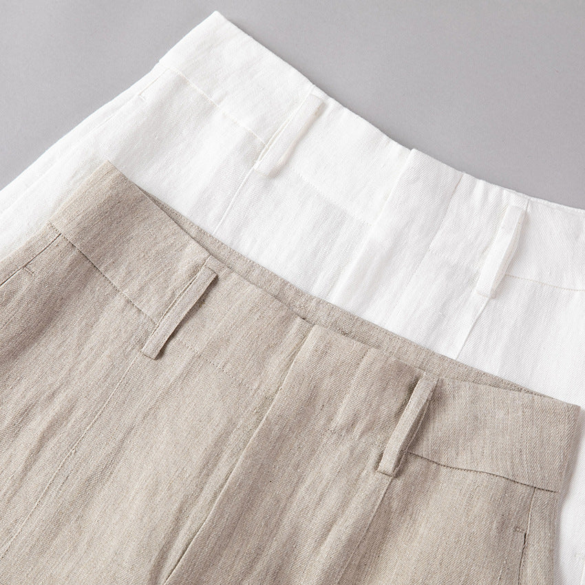 Women High-waisted Linen Trousers with Wide Leg, Crease and Belt Loops Chichicherry