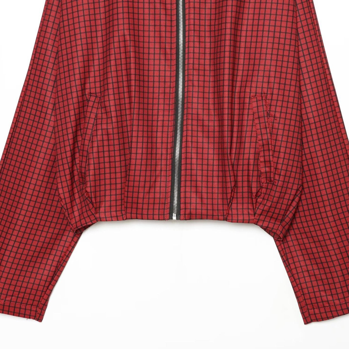Women's Checked Cropped Bomber Jacket with High Stand Collar, Elastic Hem and Full Zip Chichicherry