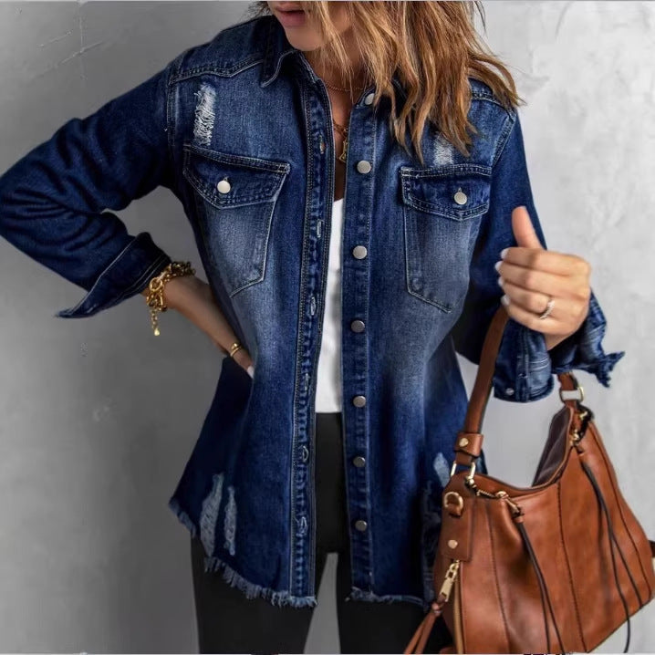 Women Oversized Denim Shirt Jacket with Distressed Details and Fringed Hem Chichicherry