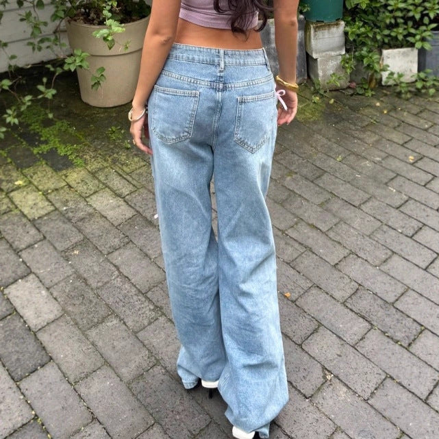 Women High-Waist Baggy Jeans with Vintage Wash, Rips and Pink Bow Applications Chichicherry