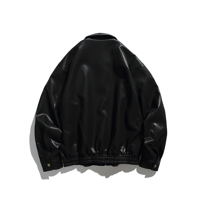 Men's Boxy Faux Leather Bomber Jacket with Concealed Snap Placket, Elastic Hem, and Patch Pockets Chichicherry