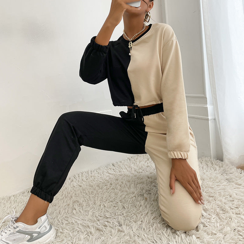 Women's Two-Tone Cropped Jogging Set with Drawstring, Elastic Cuffs, and Boxy Cut Chichicherry
