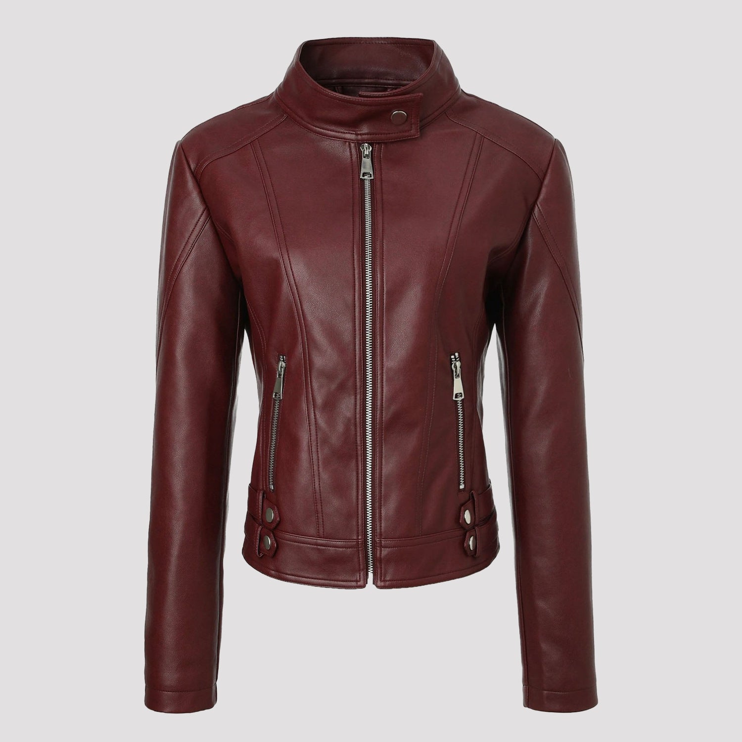 Ladies Tailored Faux Leather Biker Jacket with Stand-Up Collar, Vertical Decorative Seams and Side Buckle Straps Chichicherry