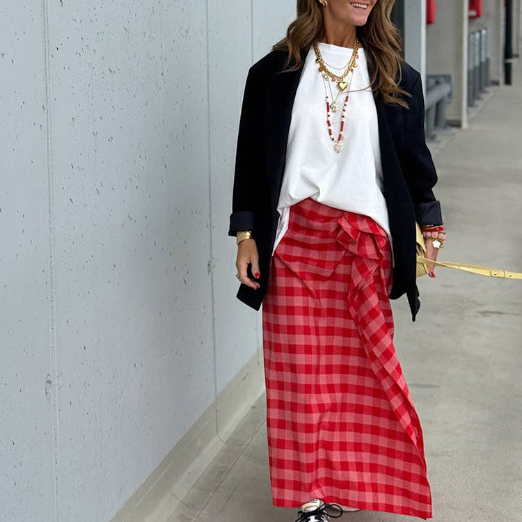 Women's maxi skirt with Vichy check, side ruffle gathering & wrap look Chichicherry