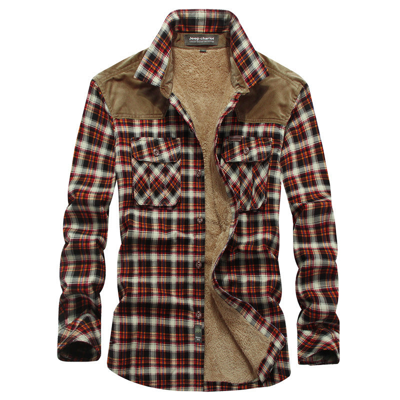 Men's Checked Fleece-Lined Flannel Shirt with Corduroy Shoulder Yoke Chichicherry