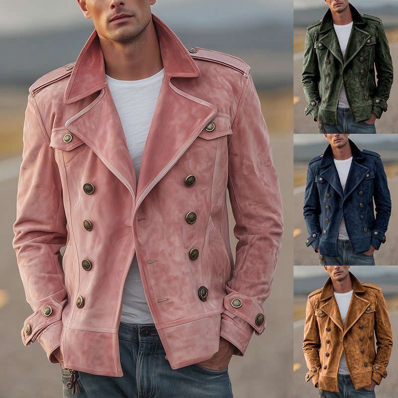 Men's Double-Breasted Suede Jacket in Aviator Style with Epaulettes Chichicherry
