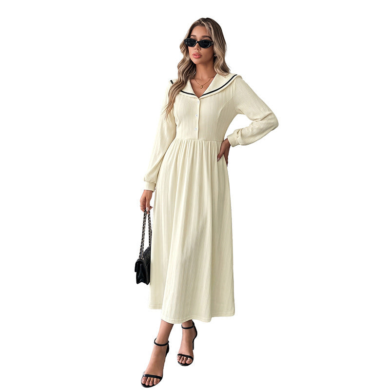 Women's maxi dress with sailor collar, fine ribbed knit and tailored silhouette Chichicherry