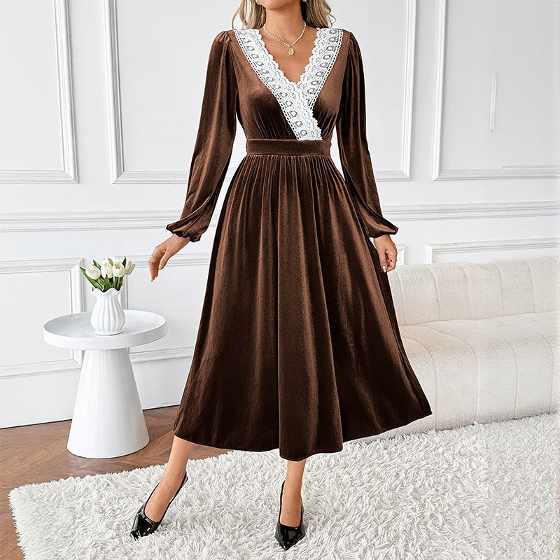 Ladies Elegant Velvet Dress with V-Neck, Lace Trim and Tailored Midi Length Chichicherry