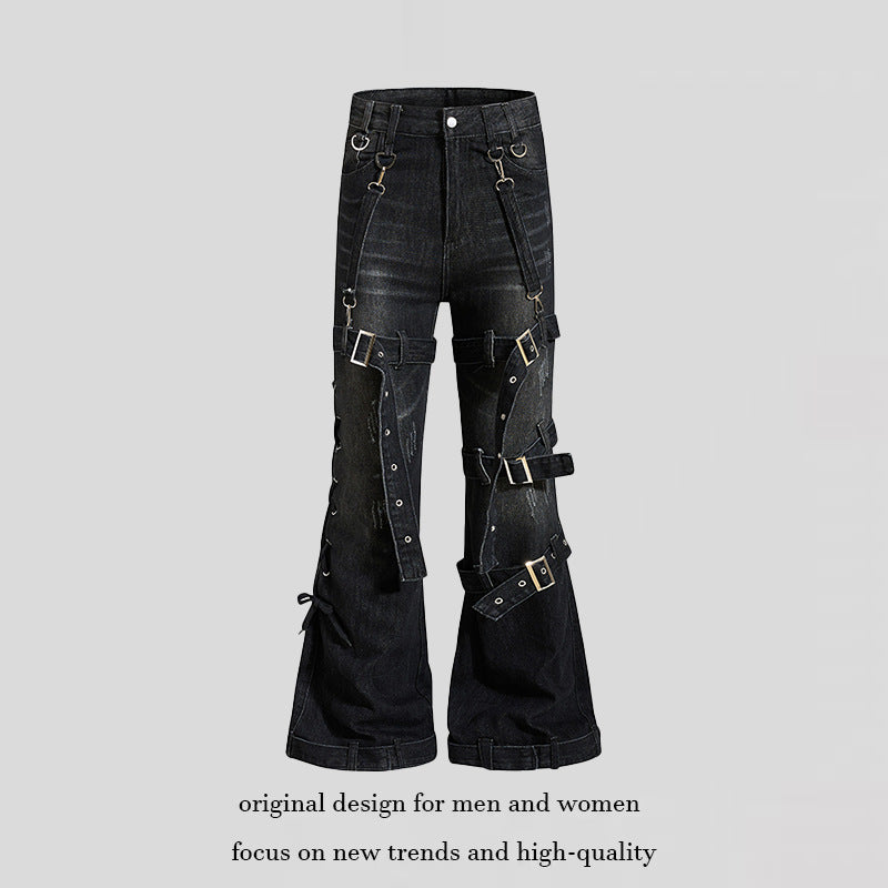 Women's Bondage-Flared-Jeans with decorative buckles, straps and used look Chichicherry